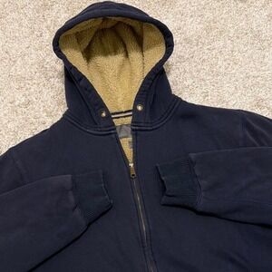 Vintage Old Navy Thick Sherpa-Lined Distressed‎ Zip Hoodie | Navy | Large
